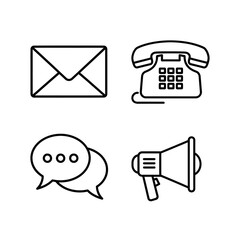 Communication outline icon set for business contact and support. Vector symbols including email, telephone, chat, and announcement.