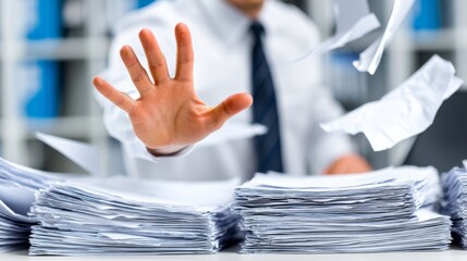A blurred face man in white shirt with striped tie gestures stop amid chaotic office papers,