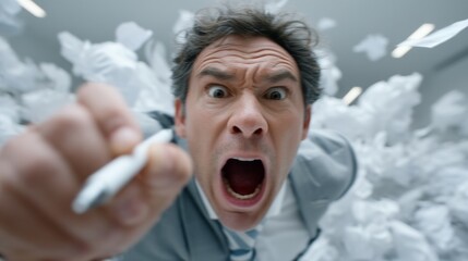 A distressed man with a wide open mouth and raised fist holds a syringe like object amidst chaotic flying white papers c
