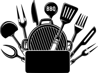Grill. Tools for grilling. Grill fork, kitchen spatula, bbq tools. Design element for logo, label, sign, poster, flyer. Vector illustration
