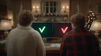 Two individuals seated at a desk facing dual monitors, one displaying a green checkmark and the other a red checkmark,