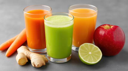 Fresh vegetable and fruit juices with carrot, ginger, apple, and lime, showcasing vibrant colors and healthy ingredients for refreshing drink