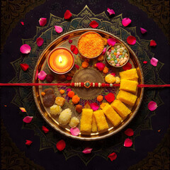 Top View of Raksha Bandhan Puja Thali with Rakhi, Diya, Sweets, Petals and Festival Offerings
