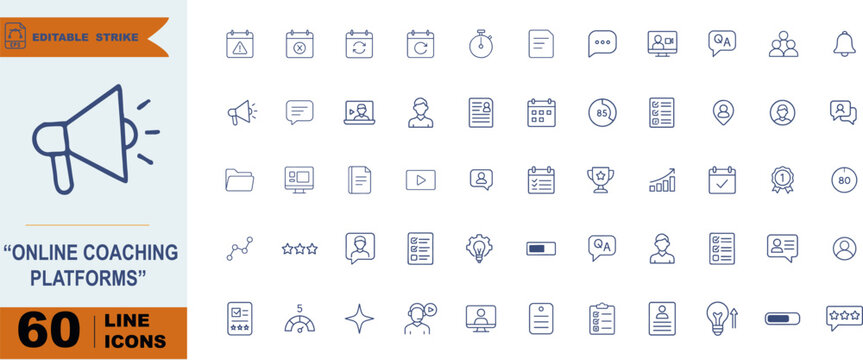 Online Coaching Platforms Icon Set – 60 Line Symbols for E-Learning, Mentorship, and Digital Education Tools