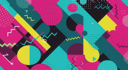 Vibrant memphis style abstract background featuring geometric shapes and retro patterns in bold colors