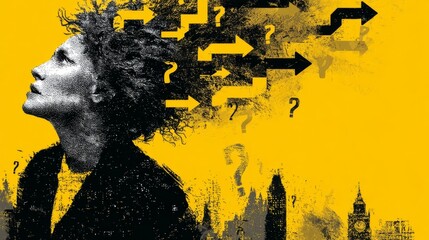 A mysterious woman silhouetted against a city skyline with Big Ben,