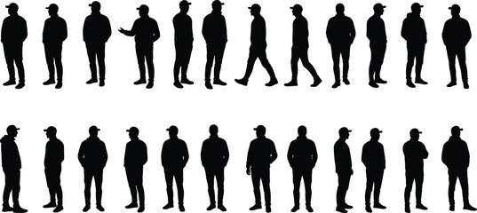 Silhouette of casual man in various standing, walking, thinking, and talking poses, isolated on white, vector people design collection