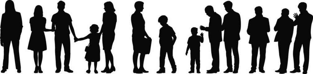 people silhouettes, family interaction, parent child holding hands, teaching moment, social interaction, office discussion, child learning, teamwork, communication, group dynamic, people talking