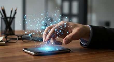 Augmented reality interaction with a smartphone, visualized as glowing blue network over the screen. Future technology in focus.