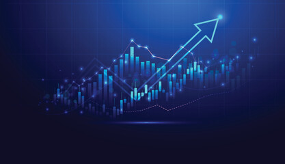 stock market candlestick chart with arrow growth. business investment and success graph. vector illustration digital trading chart. technology on blue background.