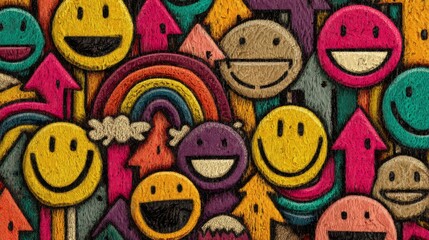 Colorful smiley faces and upward arrows create a lively and positive atmosphere with vibrant yellow, pink, orange,