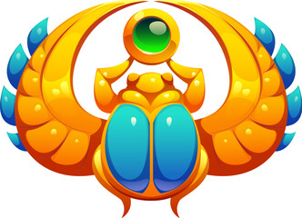 Cartoon scarab beetle with golden wings and a glowing green orb, representing Egypt game icon asset, ancient Egyptian treasure. Isolated vector symbol of protection, transformation and rebirth