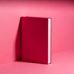 A red book leans against a pink wall in a studio