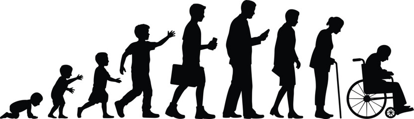 life stages, human evolution, age progression, baby to elderly, human timeline, growing up, people silhouettes, life journey, aging process, life span graphic