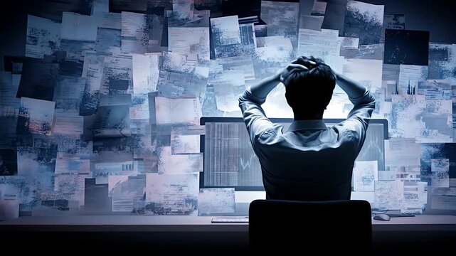 A silhouette of a person with hands on head, staring at a computer screen. Surrounded by documents