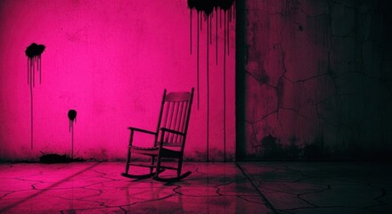 Empty rocking chair in a dark room with pink light and dripping paint