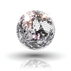 Reflective disco ball, silver facets, glowing lights