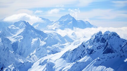 Obraz premium Scenery of the Blue Snow Mountain Range,panoramic view of the Alps—Towering Peaks in Azure Tones, Snow-Capped Summits & Vast Landscapes, Nature’s Breathtaking Alpine Canvas.