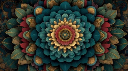 Intricate Teal Gold Red Floral Mandala Geometric Design