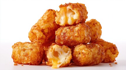 Crispy fried cheese-stuffed tater tots stacked on white background, golden brown texture with melted cheese filling, close-up snack image for fast food menus, advertising, and culinary visuals  
