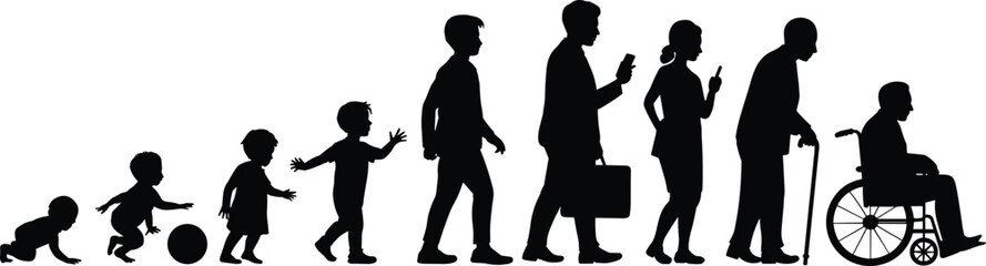 human life stages, growing up, baby to elder, life timeline, age progression, male and female silhouettes, child development, aging journey, life cycle art