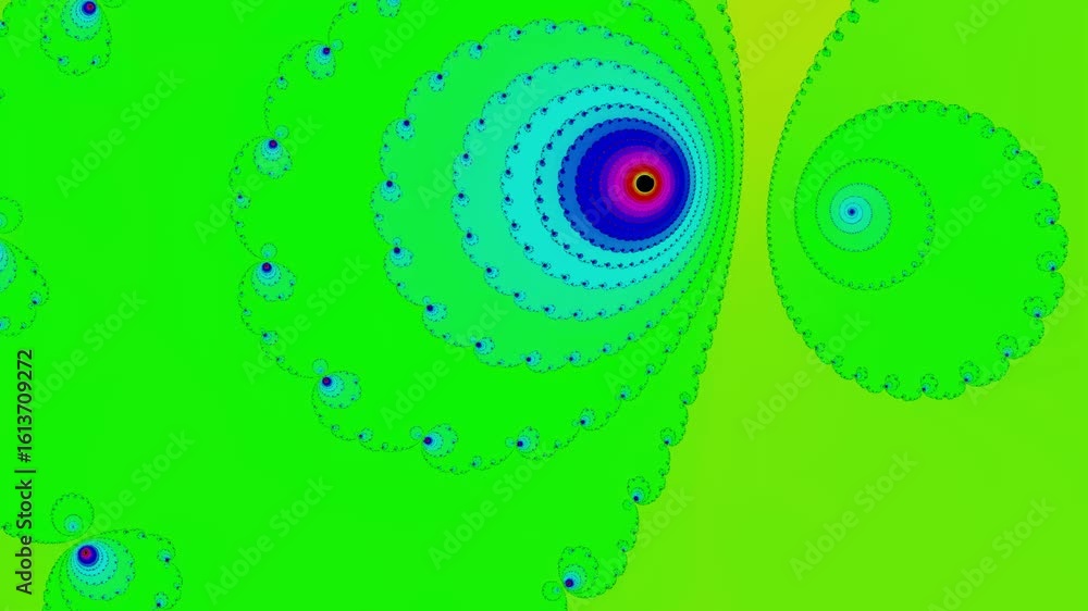Poster abstract circular fractal pattern rotating endlessly with vibrant geometric shapes and bright colors