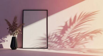 A blank frame mockup with a vase of flowers casts shadows on the wall