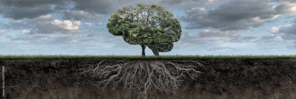 Poster underground tree roots form intricate brain shape with vibrant grass and sky above in serene environ