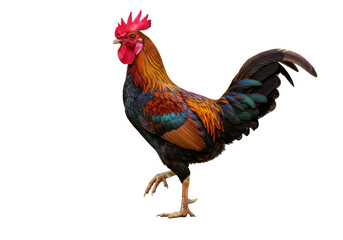 Fototapeta premium A majestic rooster with vibrant orange, red, and black plumage, prominent red comb and wattle, stands proudly on one leg against a transparent studio background with no shadows, expertly lit, concept