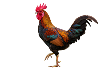 A majestic rooster with vibrant orange, red, and black plumage, prominent red comb and wattle, stands proudly on one leg against a transparent studio background with no shadows, expertly lit, concept