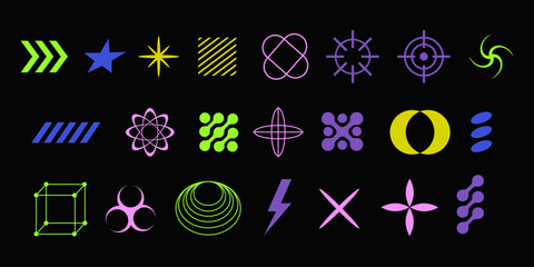 Abstract bright vector y2k elements. Multicolored colorful futuristic symbols on black background.