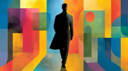 A formal business person in a suit and overcoat stands before a vibrant abstract background with bold geometric shapes i