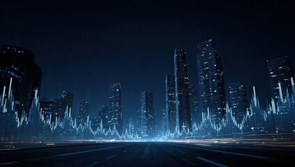 Futuristic cityscape at night with glowing financial data