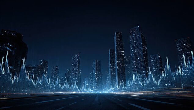 Futuristic cityscape at night with glowing financial data - Powered by Adobe