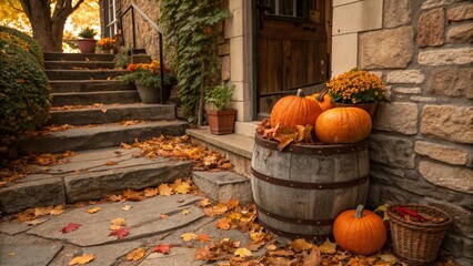 Autumnal orange pumpkins spill from a rustic barrel, perfect for a festive fall harvest or Halloween decoration