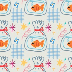 Cute Goldfish in Bowl Seamless Pattern for Kids