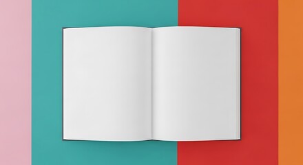 An open book with blank pages lies on a colorful background