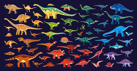 Prehistoric dinosaurs infographics. Dino species vector set. Cartoon ancient reptiles from Jurassic era. Terrestrial carnivores, omnivores, herbivores, marine reptiles and pterosaurs characters © Vector Tradition