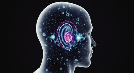 Human head profile showcasing internal auditory processing, sound waves visualized within the brain.