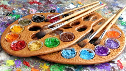 Wooden paint palettes with vibrant paints and paintbrushes