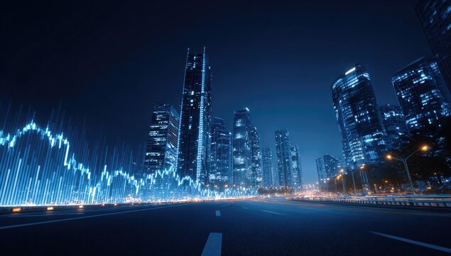 Night cityscape with illuminated financial charts - Powered by Adobe
