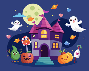 Cute Halloween Night Scene with Haunted House Ghosts Pumpkins and Candy Illustrations