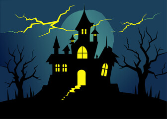 Spooky Halloween Haunted House with Moon Lightning and Bare Trees in Dark Blue Night