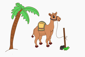 Colorful cartoon camel next to a palm tree and rope in a desert scene. Ideal for children’s books, safari-themed graphics, educational posters, or desert wildlife visual resources.