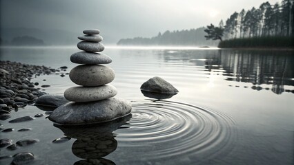 Zen stones stacked in perfect balance on water evoke a sense of peace and harmony in nature
