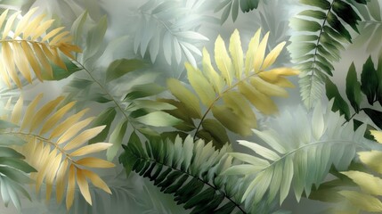 Golden and Green Fern Leaves Soft Light Background
