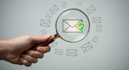 Magnifying glass focusing on a secured email. Concept of email security, privacy and protection of digital communications.