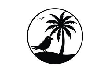 Sunset Scene with Palm Tree Robin and Worm Illustration