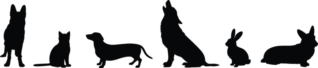dog cat rabbit silhouettes, pet animal clipart, black pet outlines, dog and cat icons, rabbit vector PNG, animal silhouettes, pet graphic elements