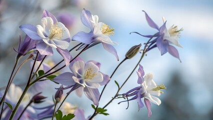 Beautiful light purple and white flowers gently open their petals, gracefully reaching towards the soft blue sky.